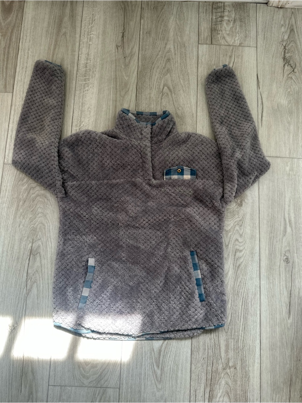 Simply Southern Gray Plush Quarter-Snap Pullover with Blue Plaid Trim